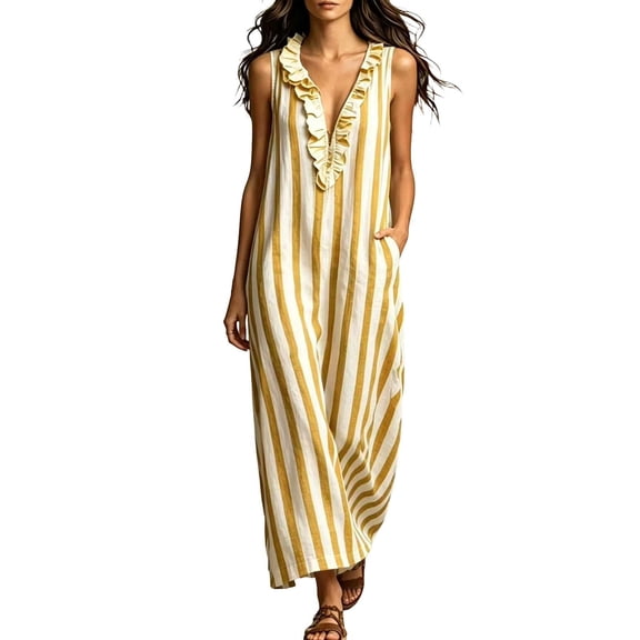 zbxnLI Striped Maxi Dress for Women Ruffle V Neck Sleeveless Tank Dresses Loose Casual Vacation Long Sundress