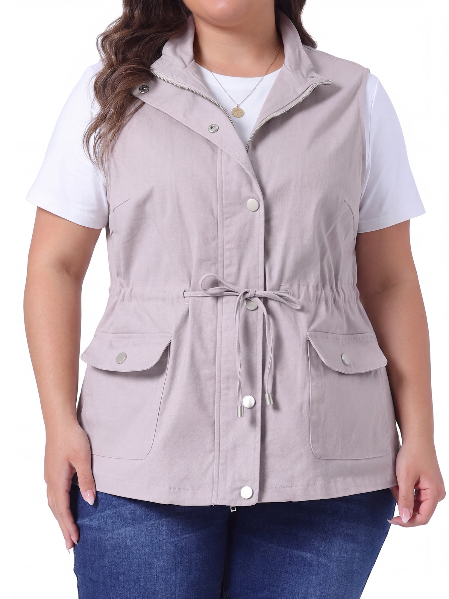 DARING DIVA Women's Plus Size Lightweight Sleeveless Anorak Cargo Vest 3X Light Gray