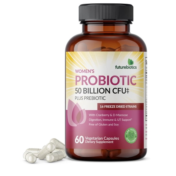 Futurebiotics Women's Probiotic 50 Billion CFU   Prebiotic with Cranberry & D-Mannose – Digestion Immune and Urinary Tract Support, Non-GMO, 60 Vegetarian Capsules