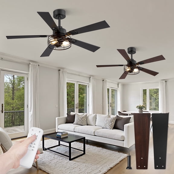 Lokivas 48" 2 Pack Caged Farmhouse Ceiling Fan with Lights, 6-Speed Reversible DC Motor, Double-Sided Blades, Black