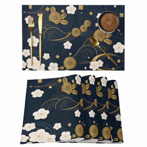 Yellow Flower Placemats Set of 6, Japanese Style Floral Leaf Textured Navy Blue Placemats for Dining Table, Place Mats for Kitchen Tabletop, Waterproof Wipeable Dining Table Mats Set