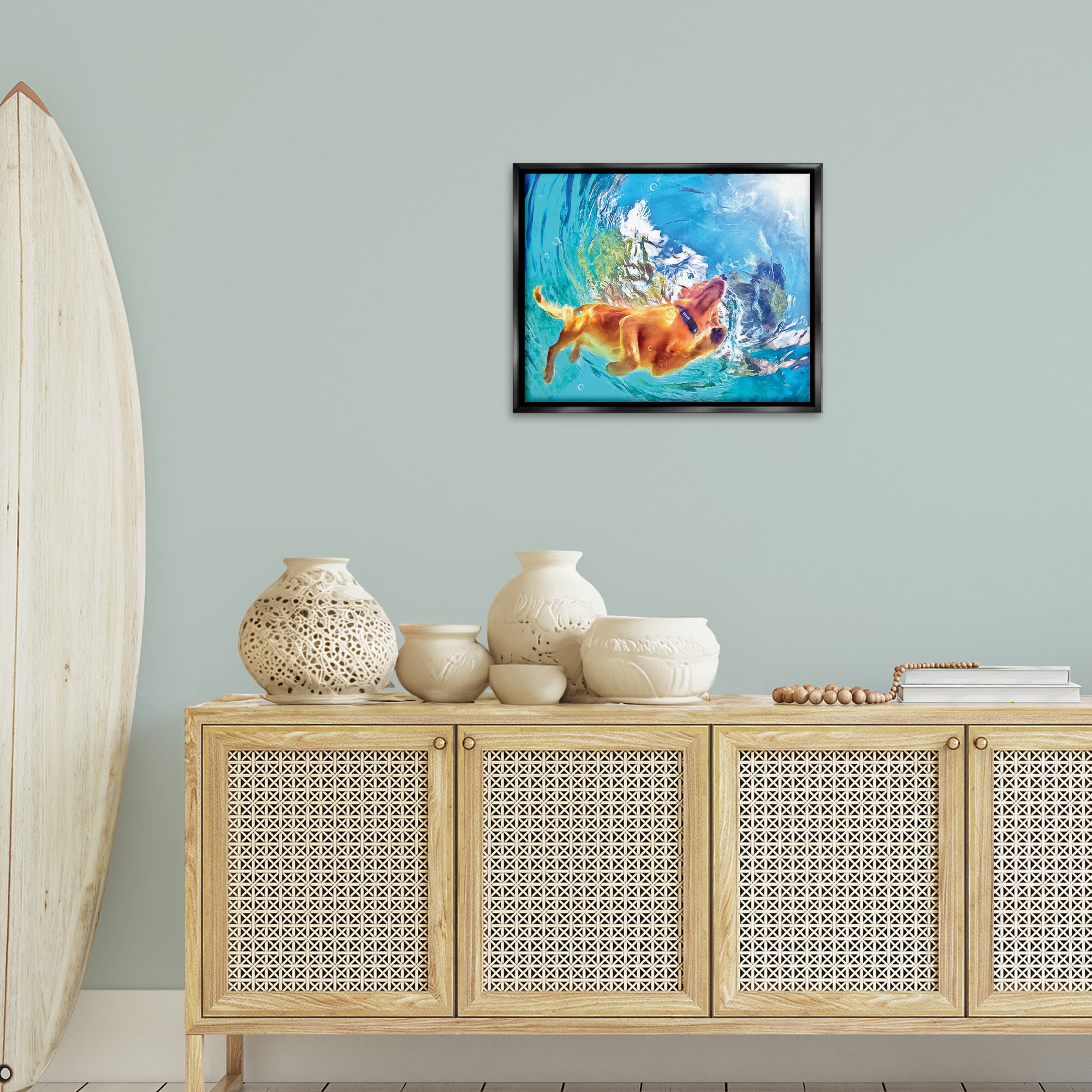 Stupell Industries Underwater Swimming Dog Animals & Insects Painting Black Floater Framed Canvas Art Print Wall Art, 21 x 17