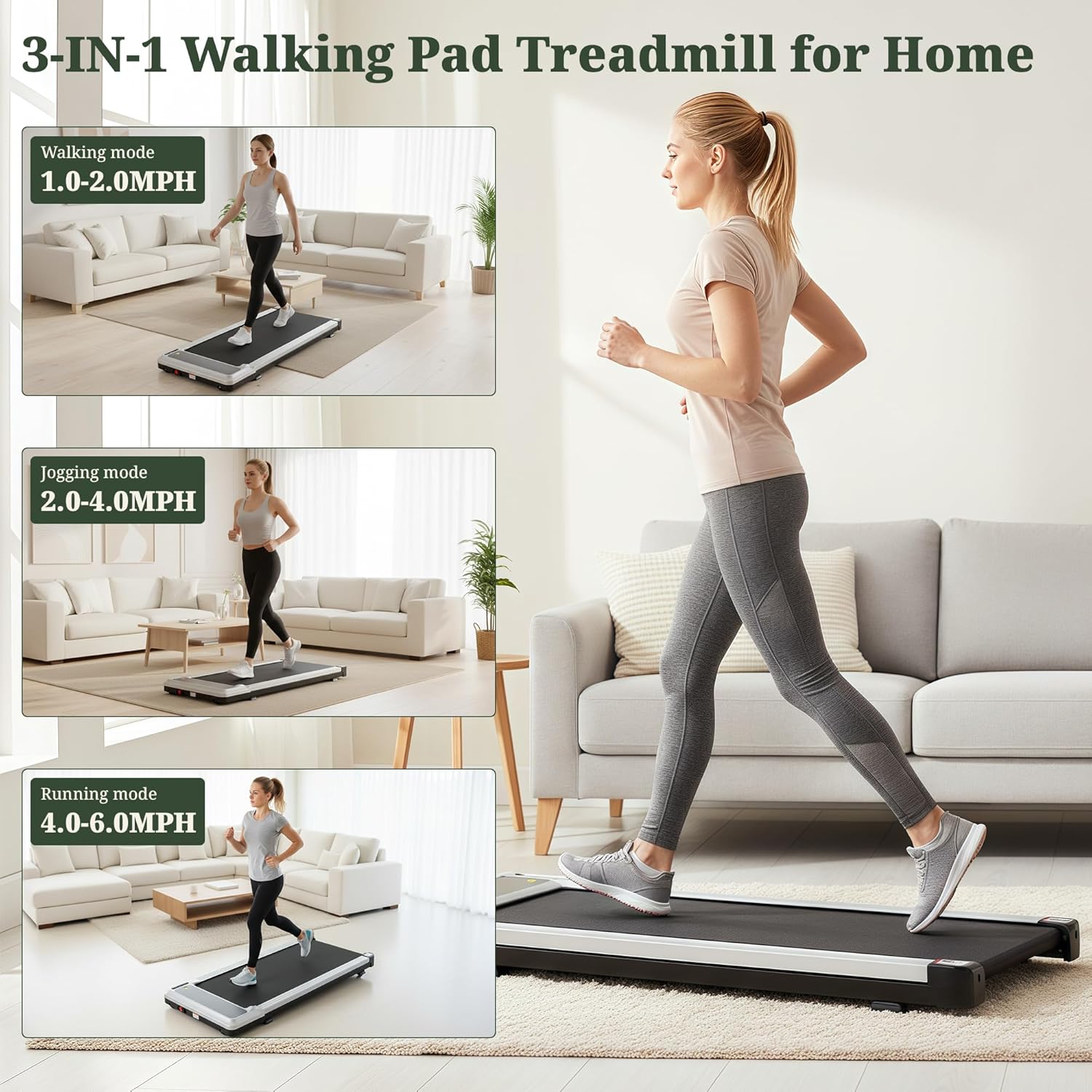 LIFERECORD Walking Pad Under Desk Treadmill - 1.75HP Ultra Quiet Portable Walking Machine with Smart App & Remote Control for Home Office, Silver