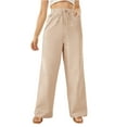 thumbnail image 3 of Women's Pants Casual Elastic High Waisted Wide Leg Pants Beige M Palazzo Pants with Pockets, 3 of 5
