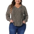 thumbnail image 1 of Blusa de mujer plus size Agnes Orinda de manga larga con pliegues, escote en V, floral, elegante y casual, talla 4X, color marrón y naranja, 1 of 6