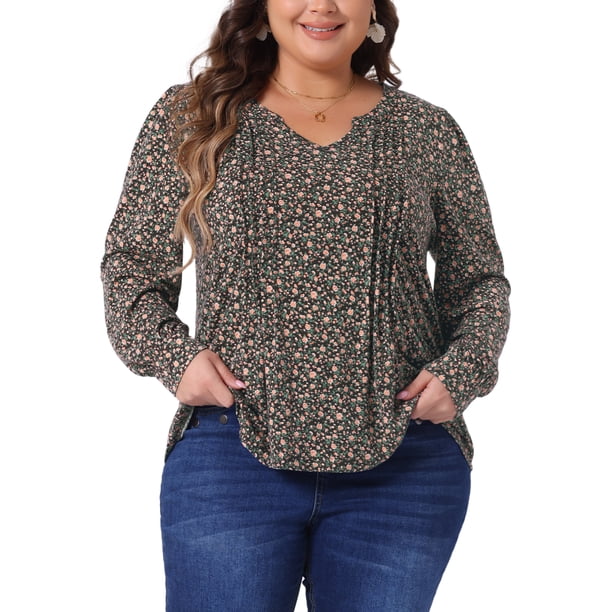 Blusa de mujer plus size Agnes Orinda de manga larga con pliegues, escote en V, floral, elegante y casual, talla 4X, color marrón y naranja