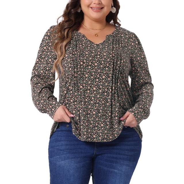 Blusa de mujer plus size Agnes Orinda de manga larga con pliegues, escote en V, floral, elegante y casual, talla 4X, color marrón y naranja