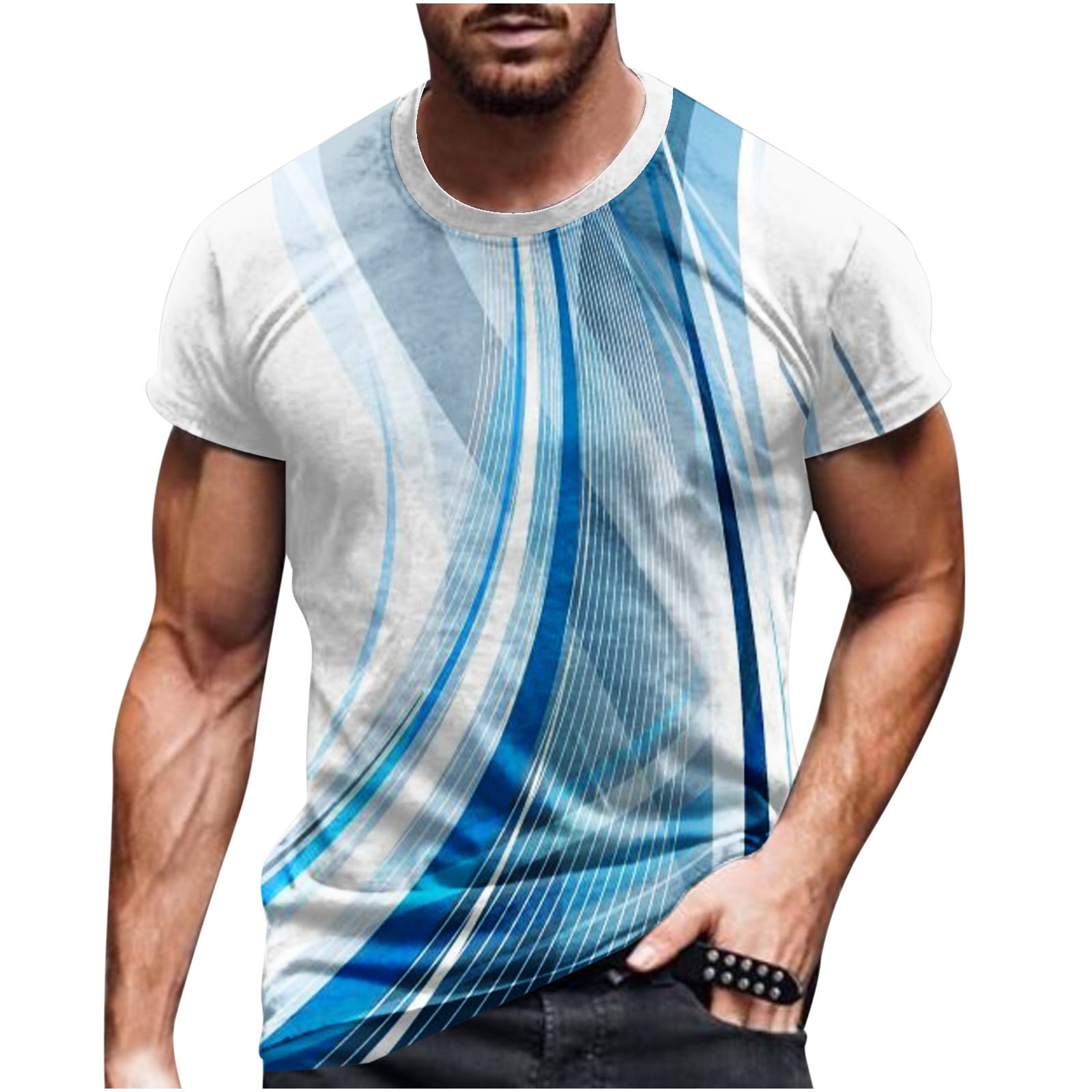 WHLBF Tops for Men Plus Size Casual Round Neck 3D Digital Printing