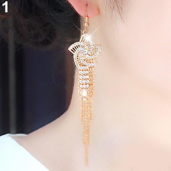 Women Rhinestone Alloy Flower Long Tassel Drop Hook Dangle Party Linear Earrings
