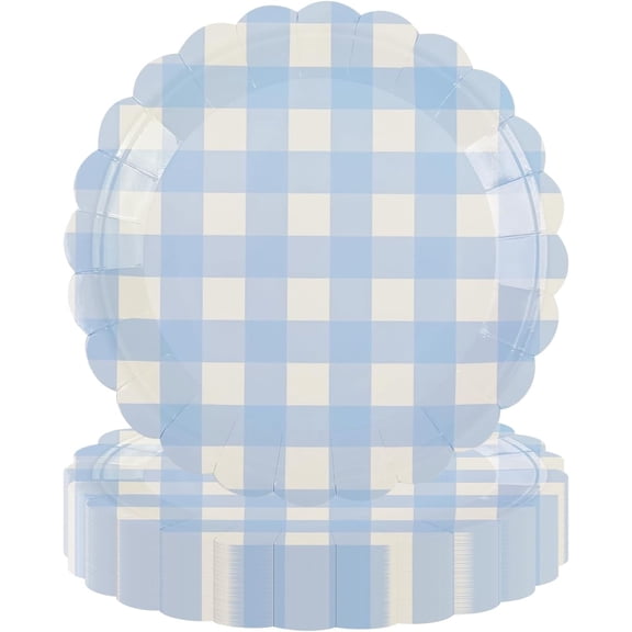 50PCS Light Blue Scalloped Paper Plates - 7Inch Striped Dessert Plates for Cake Salad Fruit Disposable Decorative Dinner Dessert Serving Plates for Birthday Baby Shower Wedding Party Splies