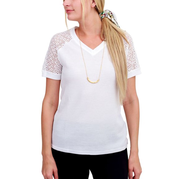 Deago Women's V Neck Lace Short Sleeve Shirts Tops Waffle Knit Loose Casual Tee Blouse (White, S)