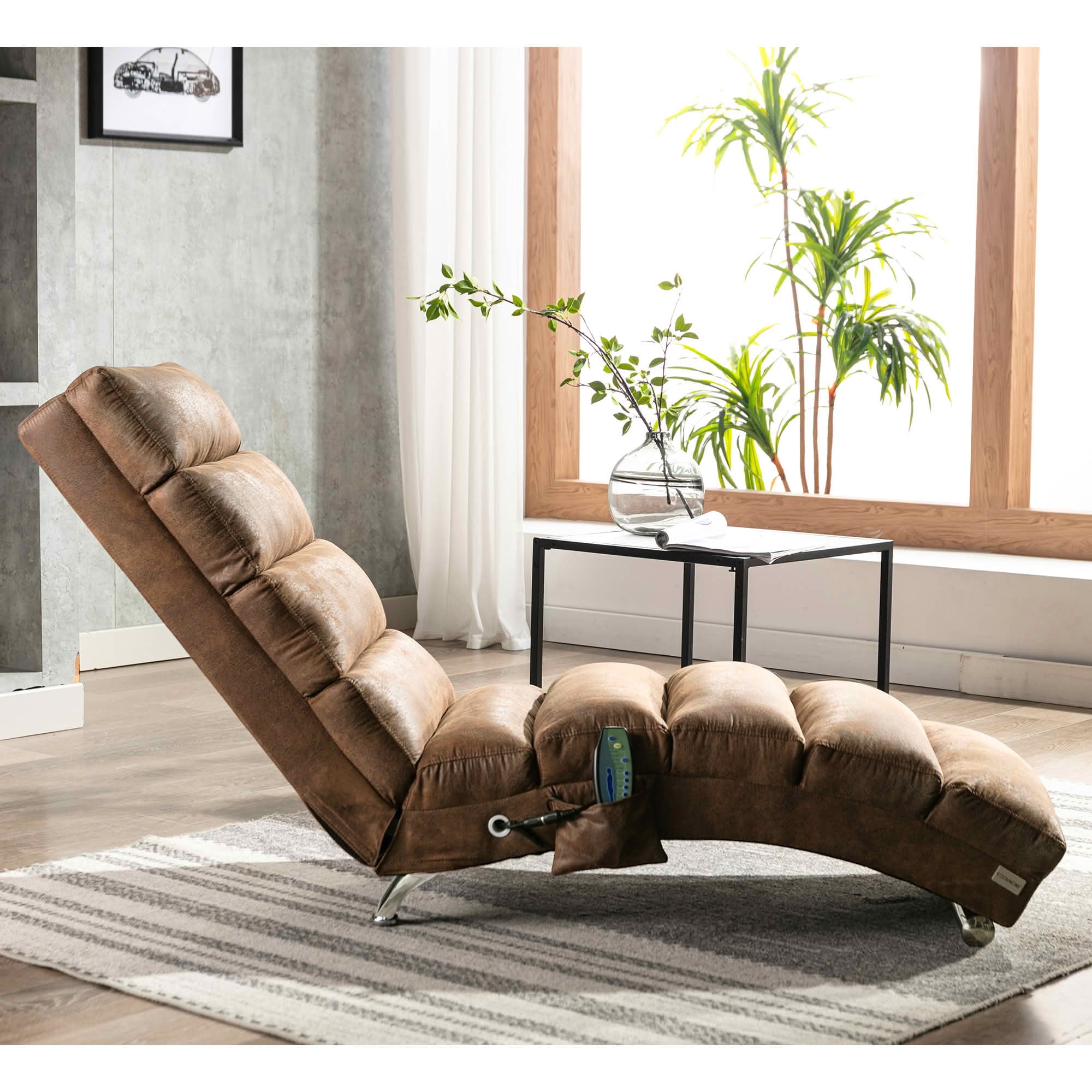 MAYEERTY Vibrating Upholstered Chaise Lounge Chair, Ergonomic Fixed Back Fabric Recliner Sofa with Side Pocket Remote Control for Living Room Bedroom
