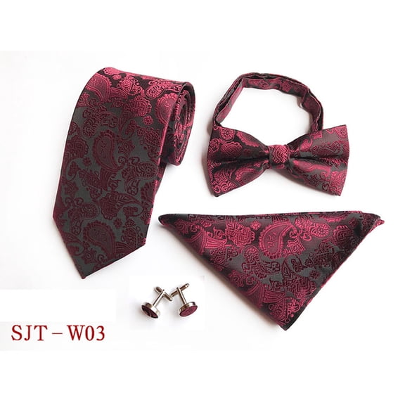 Men Classic Paisley Floral Bowtie Necktie Hanky Pocket Square Cufflinks Set