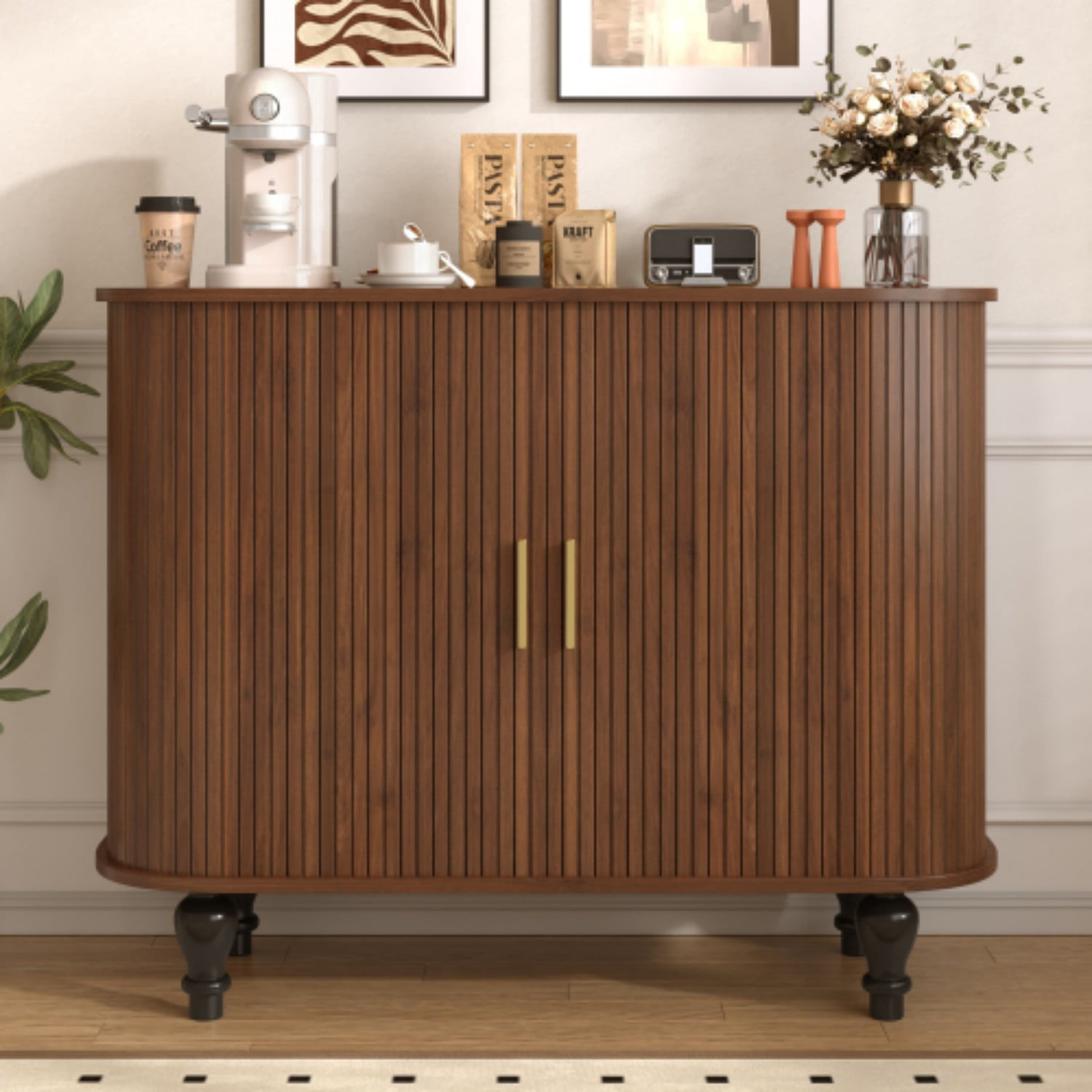 39" Fluted Wine Bar Cabinet, Mid-Century Modern Liquor & Coffee Station with 6 Wine Racks, Glass Holders, Drawer & Side Storage, Walnut