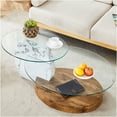 thumbnail image 2 of JERFIT Modern Double Layer Oval Coffee Table, Tempered Glass Top with Wood & Marble Pattern Base for Living Room, 2 of 10