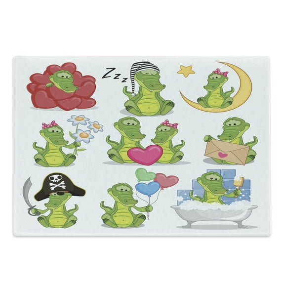 Crocodile Cutting Board, Characters in Action Balloons Flowers and Hearts Cartoon Theme, Decorative Tempered Glass Cutting and Serving Board, in 3 Sizes, by Ambesonne