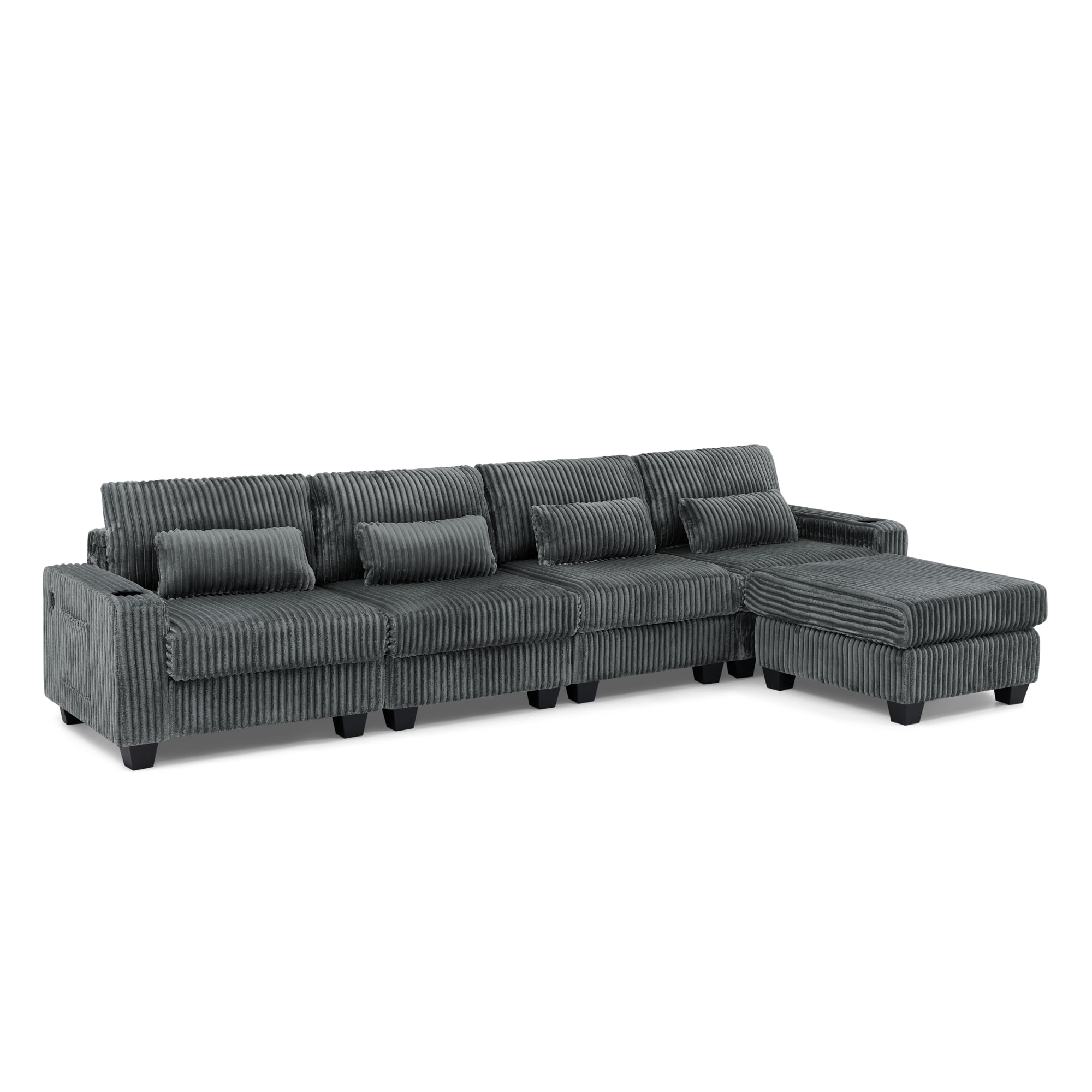 Modular L-Shaped Sectional Sofa with Detachable Ottoman Footrest and Cup Holders, Corduroy 4-Seater Sofa Couch with Side Storage Pockets and Sturdy Plastic Support Feet for Living Room