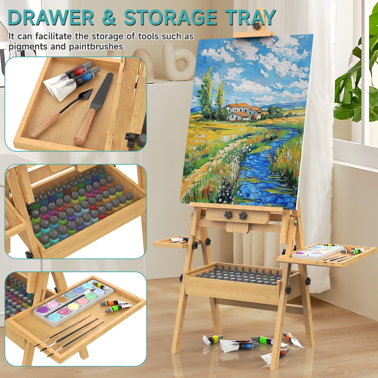 Large Solid Beech Wood Easel for Painting with Storage Drawer and Palette,  Foldable Art Easel with Signature Box for Adults, Holder up to 48''