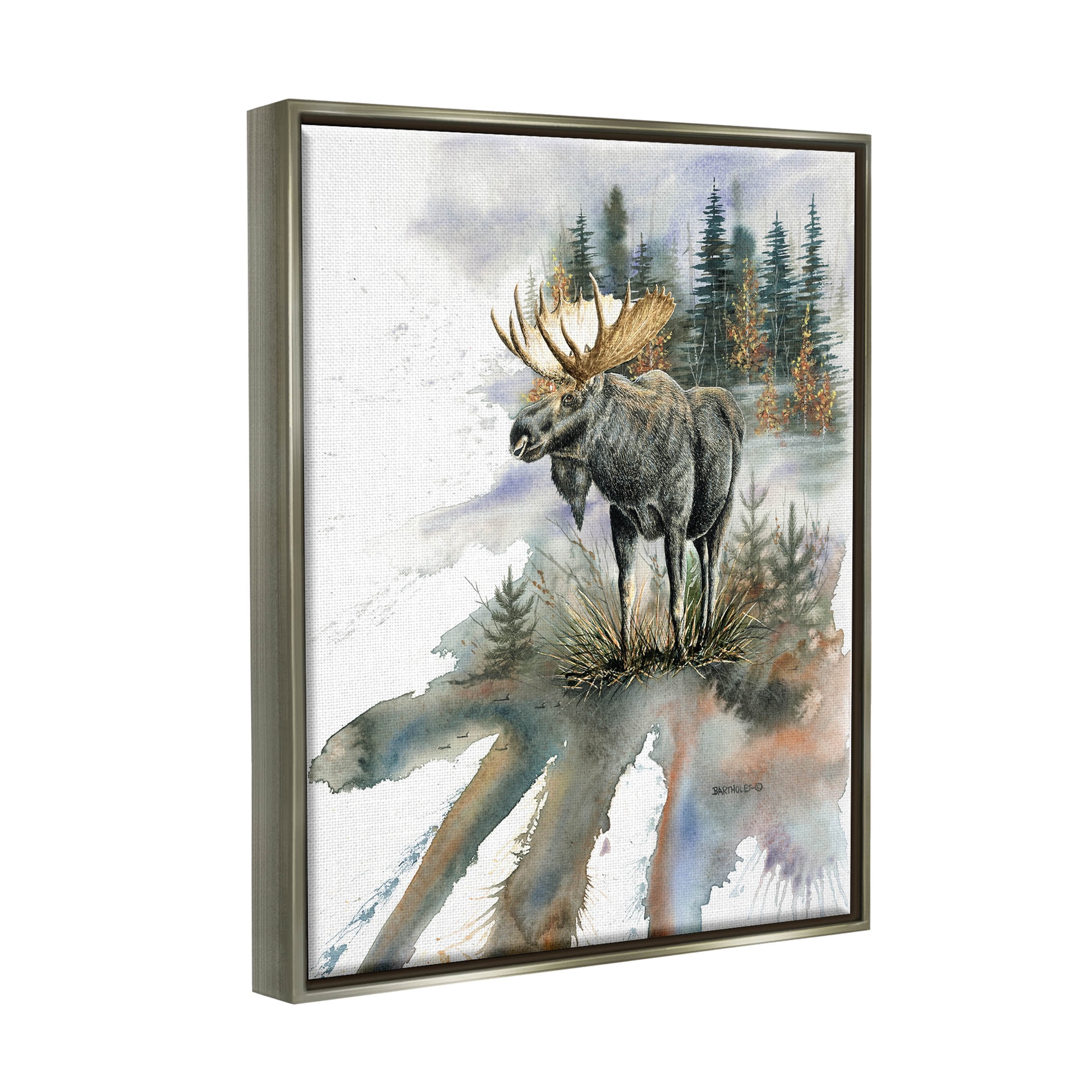 Moose Distant Forest Arrangement Animals & Insects Graphic Art Luster Gray Framed Art Print Wall Art