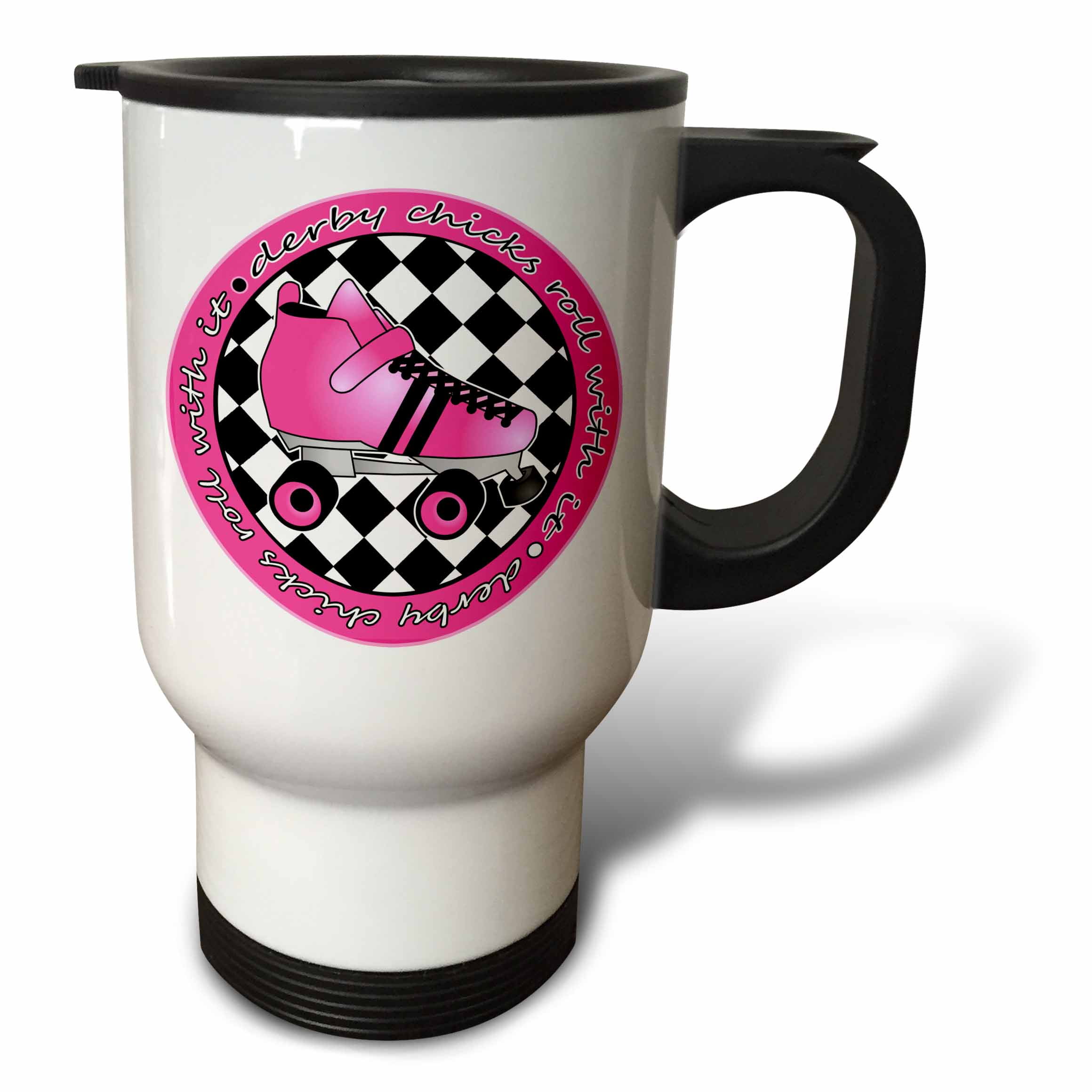 3dRose Derby Chicks Roll With It Hot Pink Roller Skate and White, Travel Mug, 14oz, Stainless Steel by 3dRose