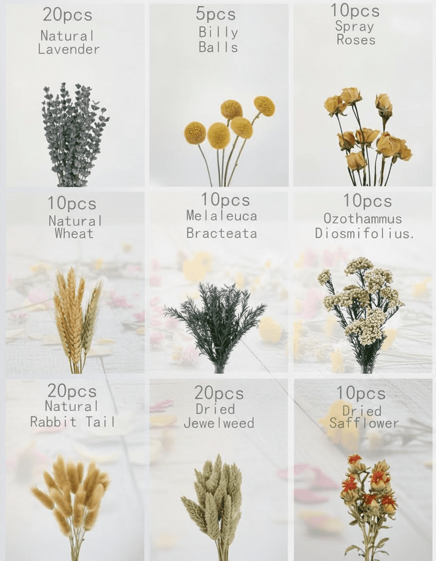 Bulk Natural Dried Flower Assortment for Vases, Including Roses and Mini Bouquets with Stems for DIY Home Decor and Crafts