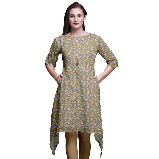 Bimba Kurti Asymétrique Imprimé Floral à Feuilles Brunes pour Femmes Robe d'Été Indienne Tunique Moyen