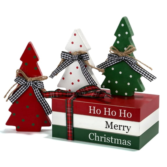 Christmas Table Decorations,Wooden Tiered Tray Centerpieces with Faux Book and Tree Signs for Mantel,Shelf,Coffee Bar and Holiday Home Decor 6 Pack