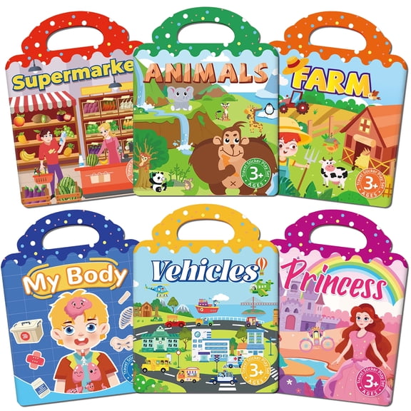 Reusable Sticker Books for Toddlers Ages 2 , 6 Pack Jelly Sticker Activity Books with Farm Vehicles Princess Animals Market Body Themes