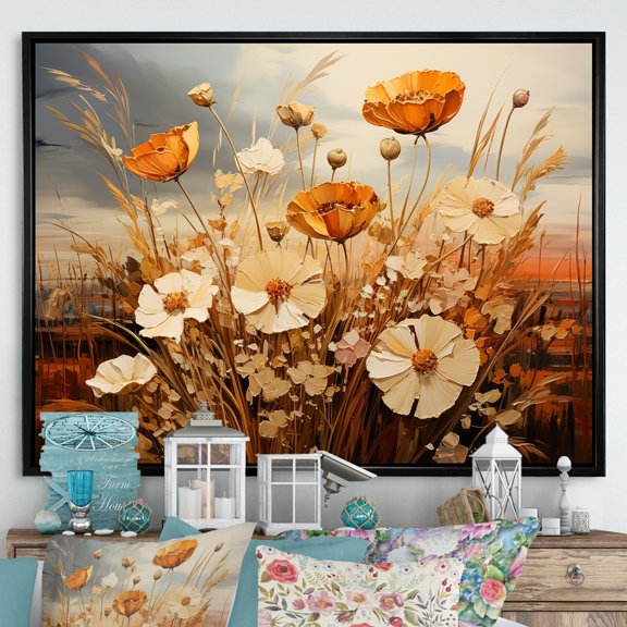 Designart "Serenading Crimson And Yellow Flowers" Flower Floater Framed Canvas Wall Art