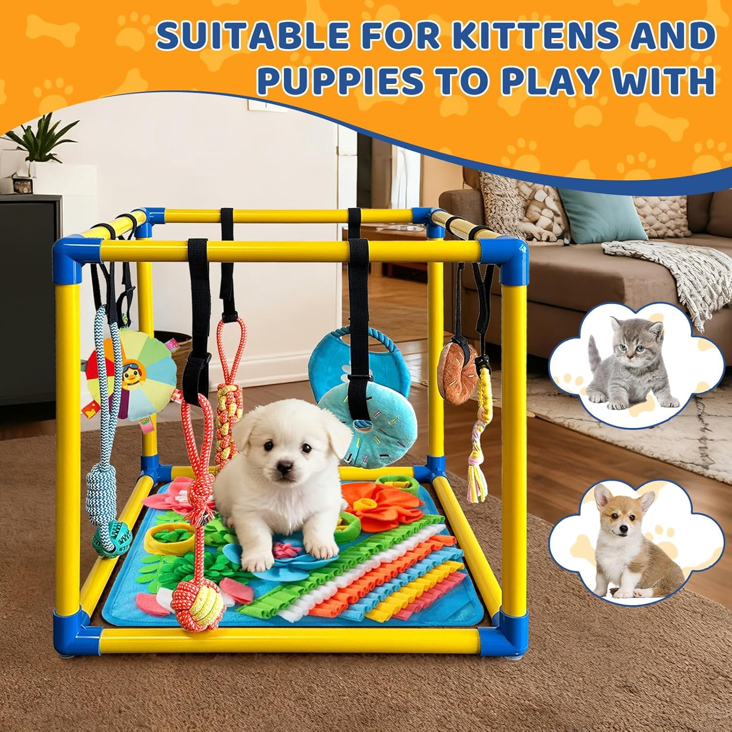 Play Gym for Small Dogs with PVC Frame, 10 Hanging Toys & Stretchy Ropes for Indoor Enrichment Activity