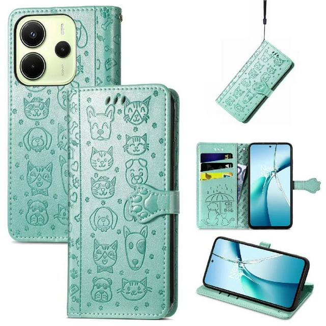 Funda Cartera FOXDOCK para Xiaomi Redmi Note 14 4G , Flip PU con Relieve de Gatos y Perros, Tarjetero y Soporte