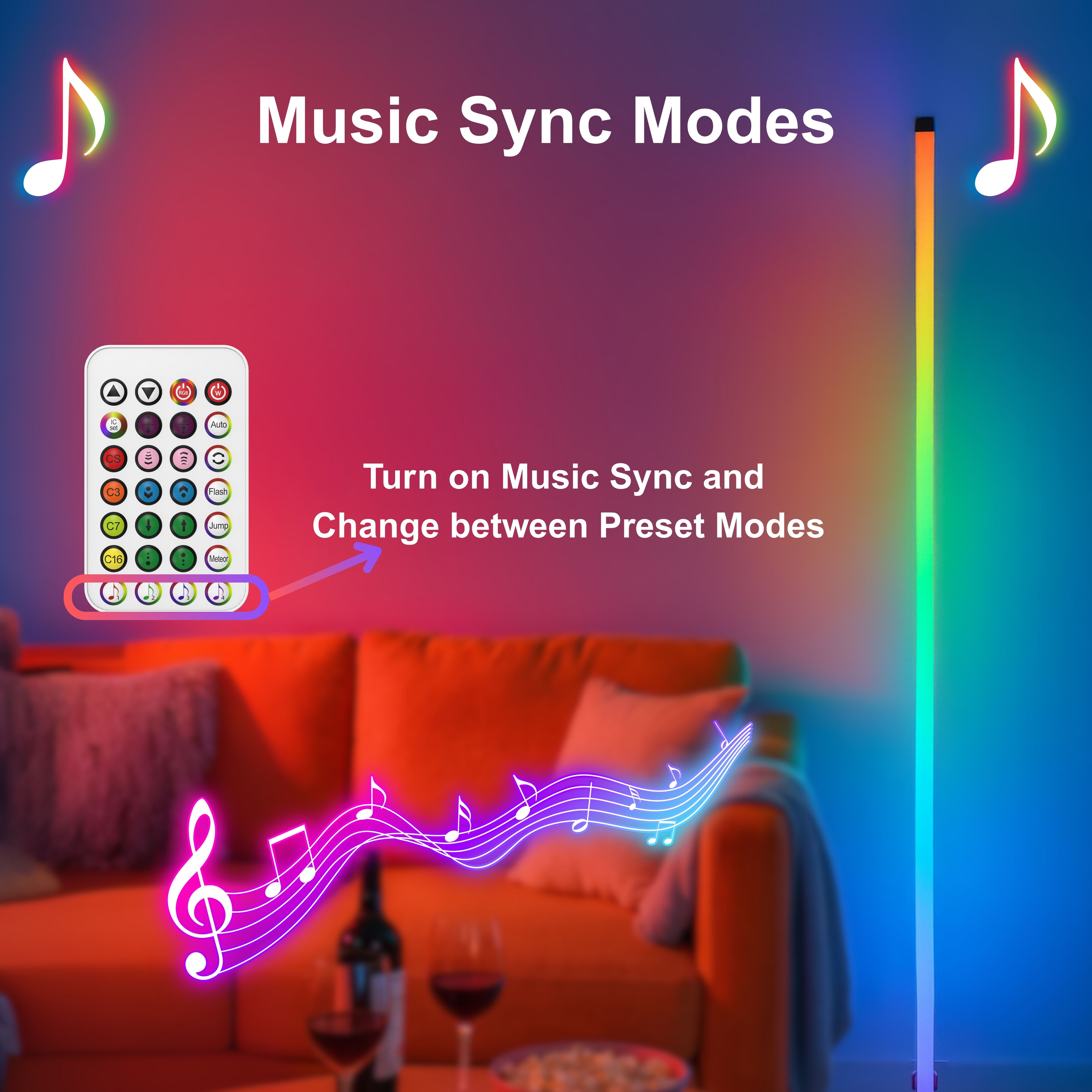 Corner Floor Lamp 58'' RGBICW LED with Music Sync, Remote Control, Color-Changing Ambient Lighting for Living Rooms, Gaming, Home Office (Round Base)