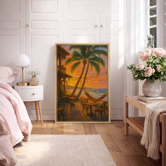 Framed Canvas Print Tropical Sunset Beach Wall Art Coastal Vacation Landscape Decorative for Living Room Bedroom - 16"x24" NATURAL