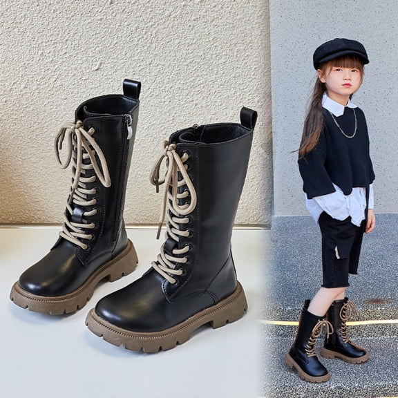Girls Leather Riding Knee High Boots with Side Zipper Fashion Round Toe Comfortable Low Heel Lace Up Combat Boots Lug Sole Motorcycle Boots Little Kid/Big Kid