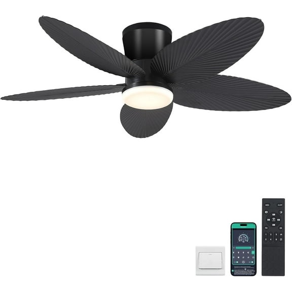 Palm Leaf Ceiling Fans with Lights-42 Tropical Ceiling Fan with Light and Remote/APP Control,Flush Mount Low Profile Black Ceiling Fans for Bedroom,Indoor/Outdoor Patio Use