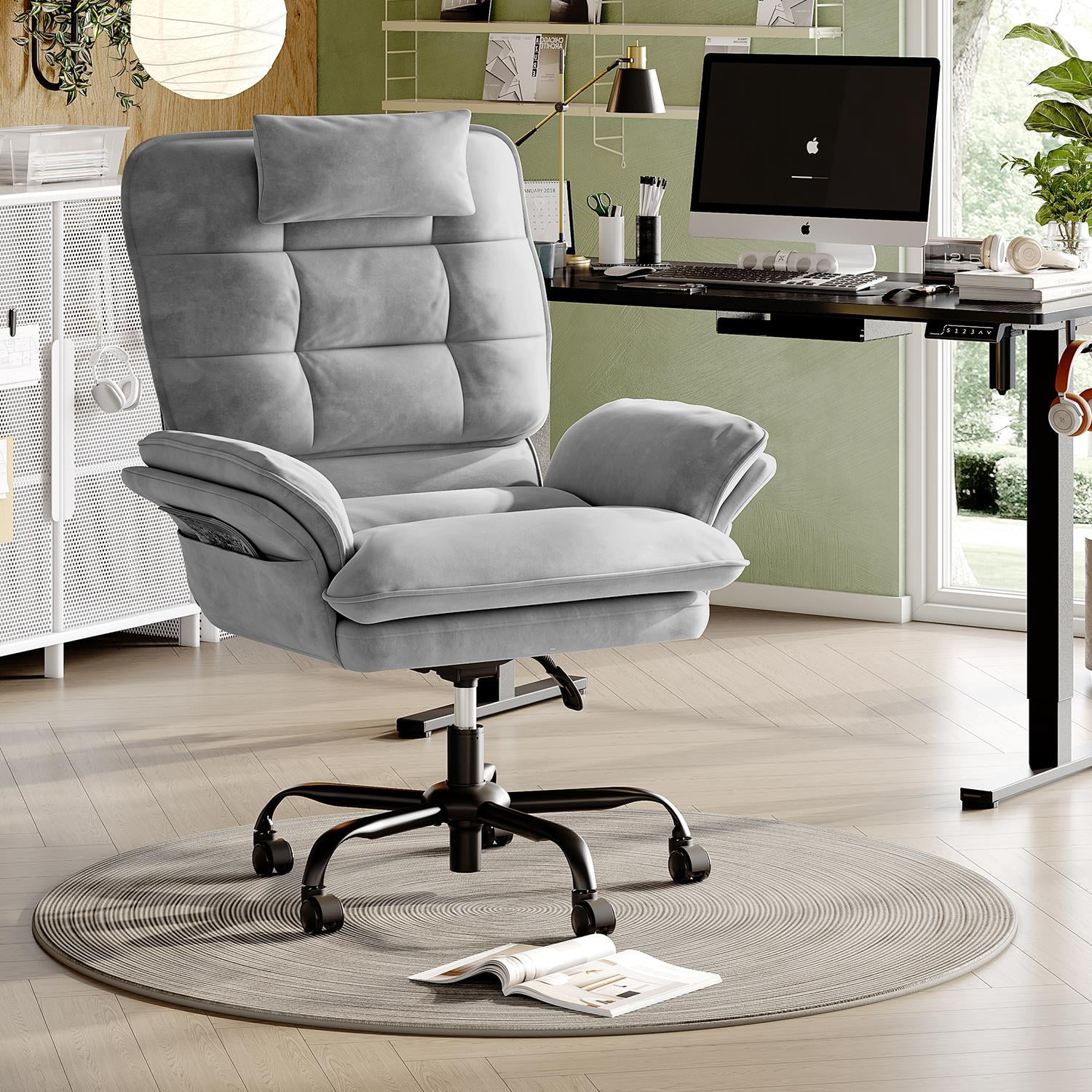 Bestier Big and Tall Executive Office Chair with Flip-Up Arms for Adults, Adjustable Height, Reclining Office Chair with Headrest & Side Pockets in Grey