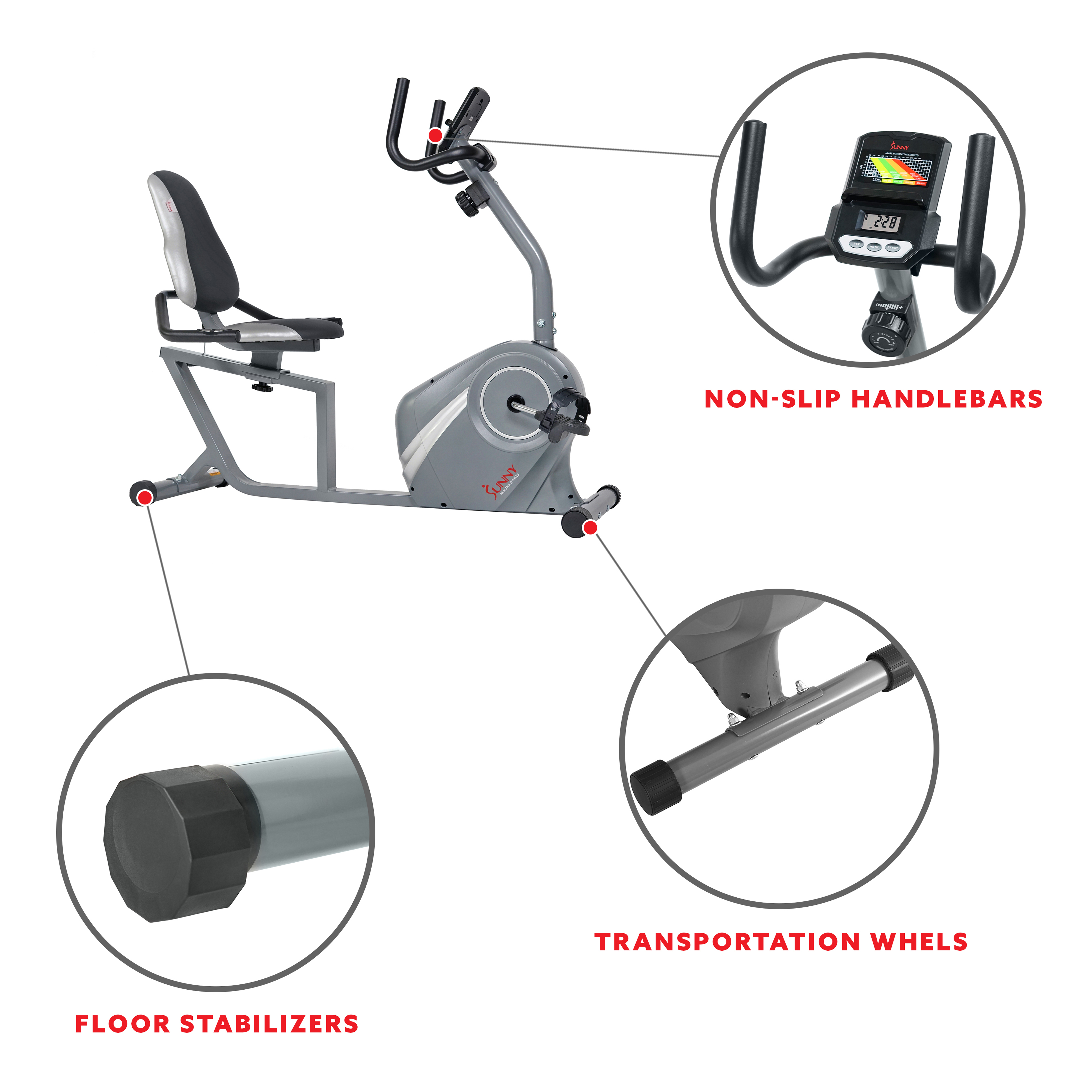 Sunny Health & Fitness Magnetic Recumbent Exercise Bike for Indoor Cardio Training w/ Adjustable Soft Seat Cushion, SF-RB4876 - image 6 of 8