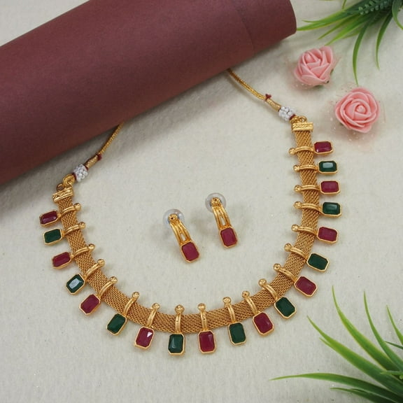 Gold-Plated Red & Green Stone Necklace Set with Earrings for Women