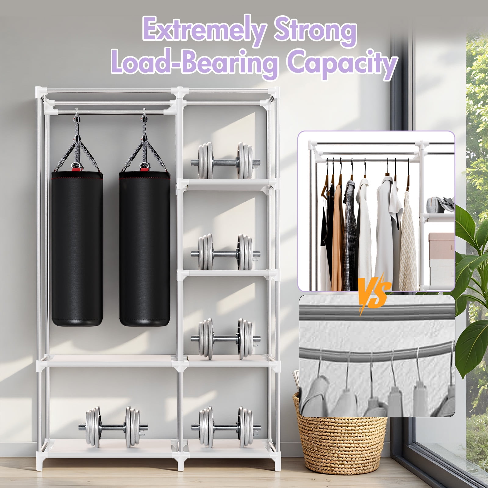 BAOKALER Black No-Assembly Portable Closet:6 Shelves,1 Hanging Rod,4 Side Pockets–Ideal for Bedroom, Living Room, Cloakroom, Garage, Dorm, Apartment