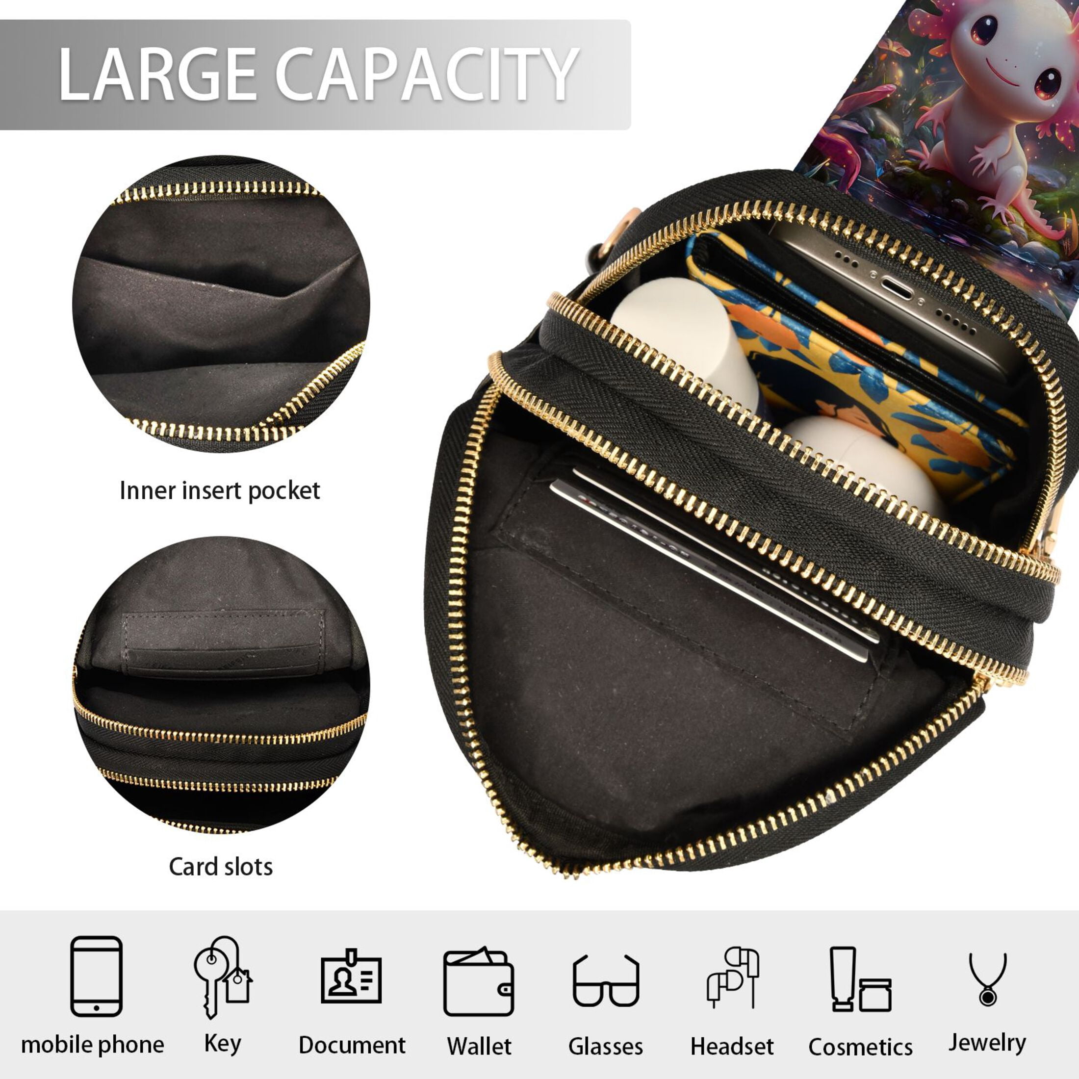 ALAZA Axolotl at Forest Sling Bag for Women Men Waterproof Crossbody Chest Bags