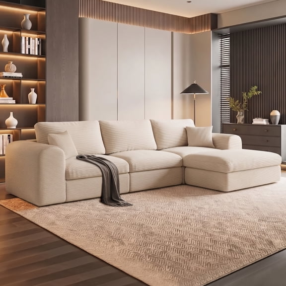 Ardellon 108" Boneless Sectional Cloud Sofa with Movable Ottoman & 2 Pillows, 3-Seat Modular Couch for Living Room, Beige