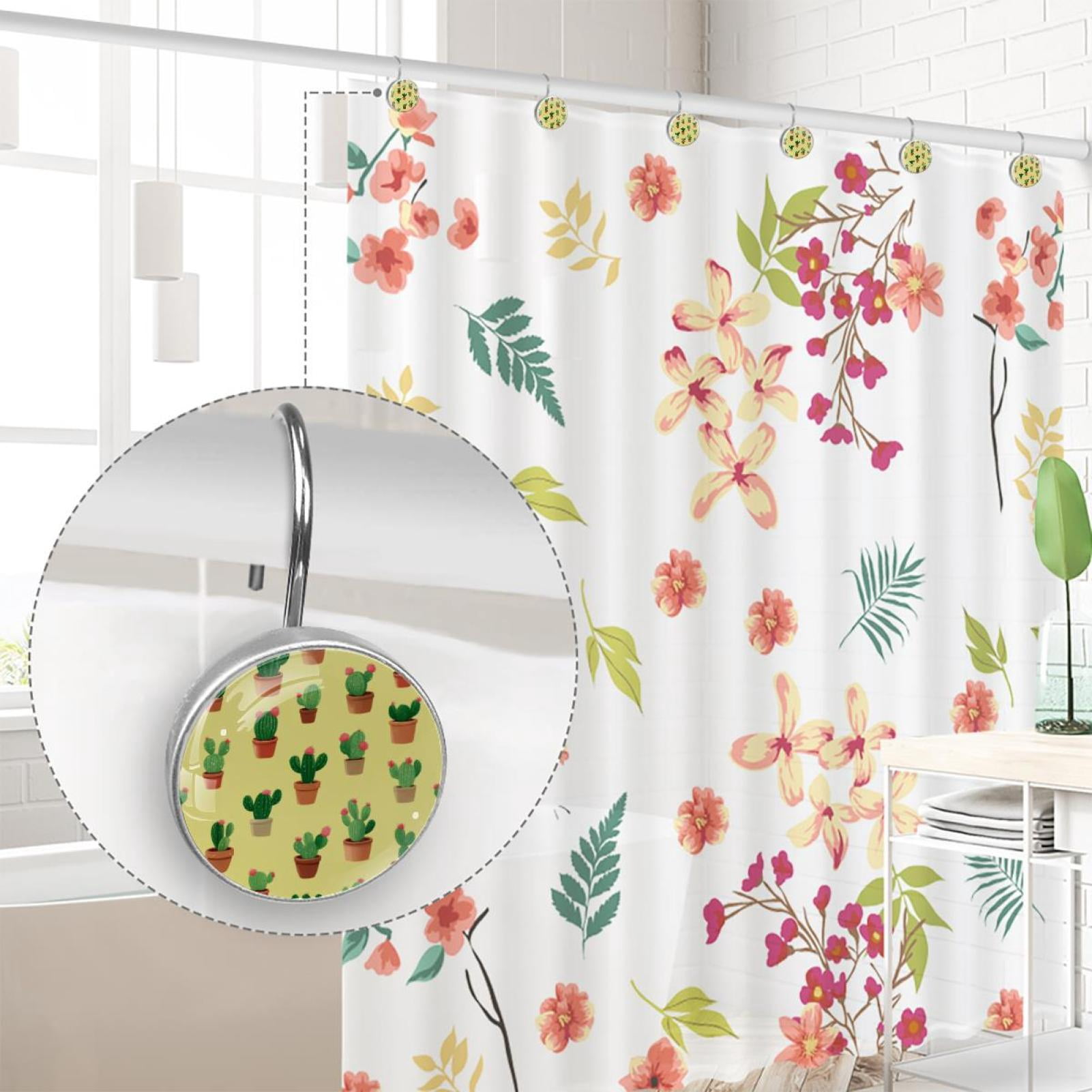 12pcs Decorative Shower Curtain Hooks, Rust Resistant Shower Rings for Bathroom Living Room,Rustproof Stainless Steel Rings for Shower Curtain and Liner Rods,Cactus Yellow Pattern