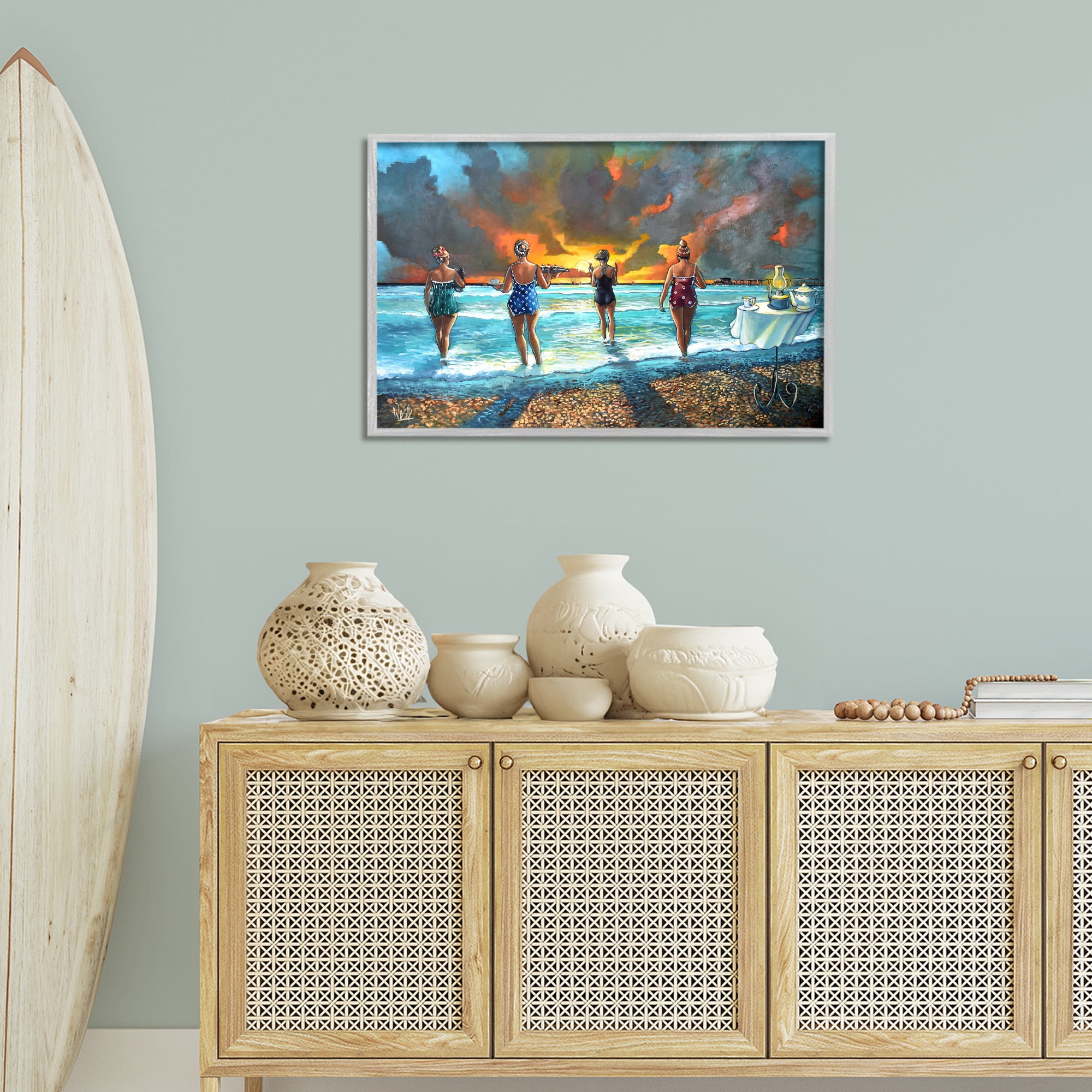 Stupell Industries Elegant Ladies on Beach Novelty Painting Gray Framed Art Print Wall Art, 30 x 20