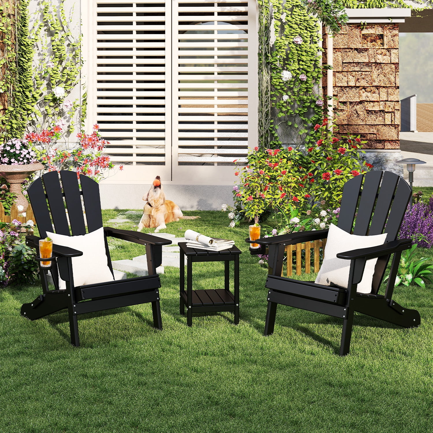 FURRYFECTION Folding Adirondack Chair Set of 2 with Cup Holder,All-Weather HDPE Outdoor Fir Pit Chairs for Patio Garden Backyard,Black