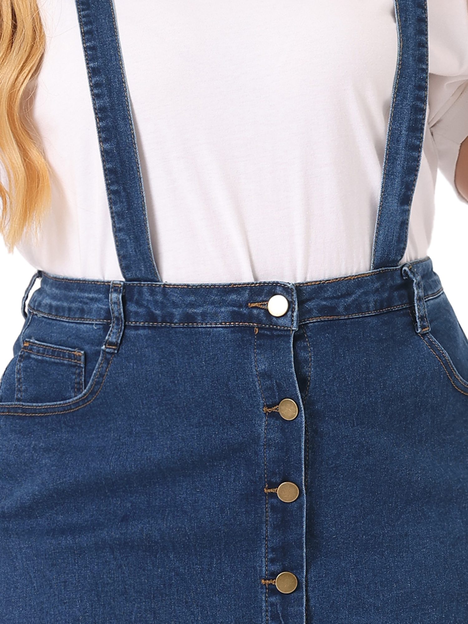 DARING DIVA Women's Plus Size Suspender Adjustable Strap Denim A-Line Dress 1X Dark Blue