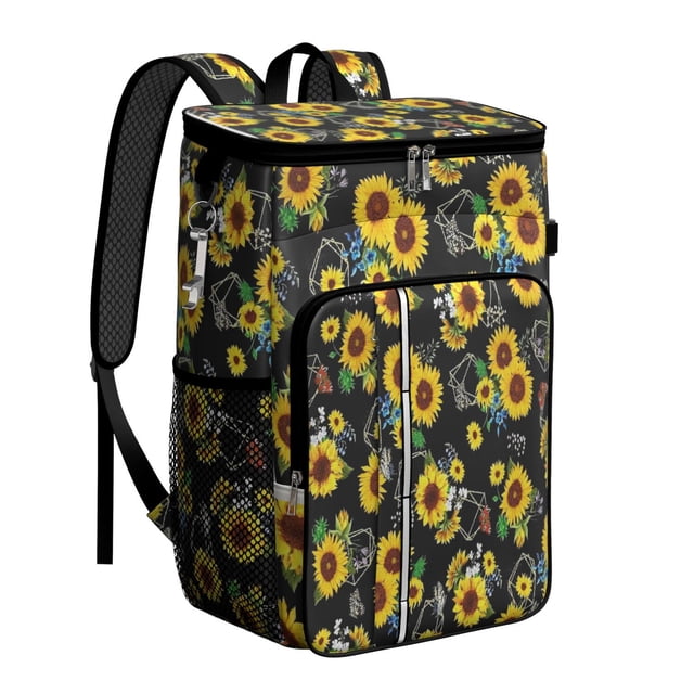 Retro Sunflower Graphic Cooler Backpack - 20L Insulated Leakproof Lunch Backpack for Workers, Students & Families, Golden Floral Pattern