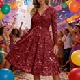 thumbnail image 2 of DHFJKG Sparkly Sequin Party Dress For Women Mid Length Deep V Neck Long Sleeve Clubwear Ruched Waist Flowy Versatile Dresses, 2 of 5