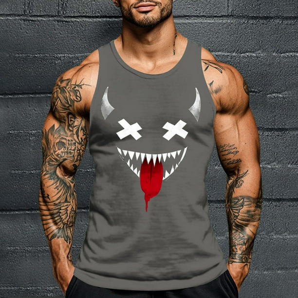 Camiseta sin mangas de cuello redondo para hombre, con estampado de Halloween, cuello redondo, estilo informal, deportiva, para hombre