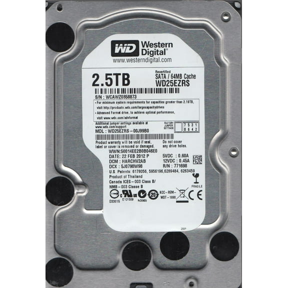 WD25EZRS-00J99B0, DCM HARCHV2AB, Western Digital 2.5TB SATA 3.5 Hard Drive