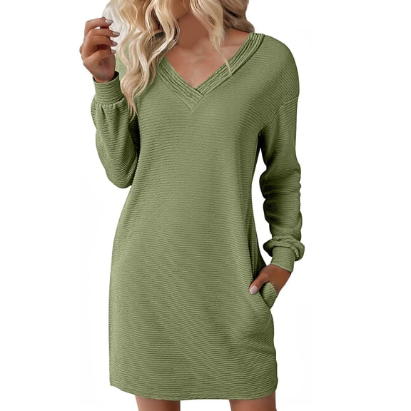 Sun Dresses Women Solid Color Casual Long Sleeved V-neck Side Pocket Casual Fashion Dress A-Line Casual Loose T-Shirt Beach Sundress